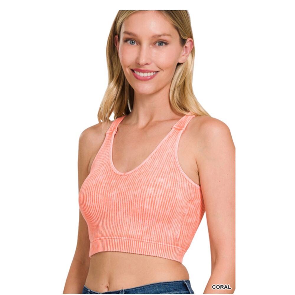 Zenana - Washed Ribbed Seamless Padded Brami - CORAL - S/M